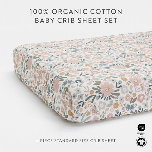 1 Organic Cotton Percale Baby Butterfly Garden Fitted Crib Sheet