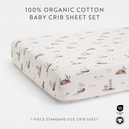 1 Organic Cotton Percale Nautical Naps Fitted Crib Sheet