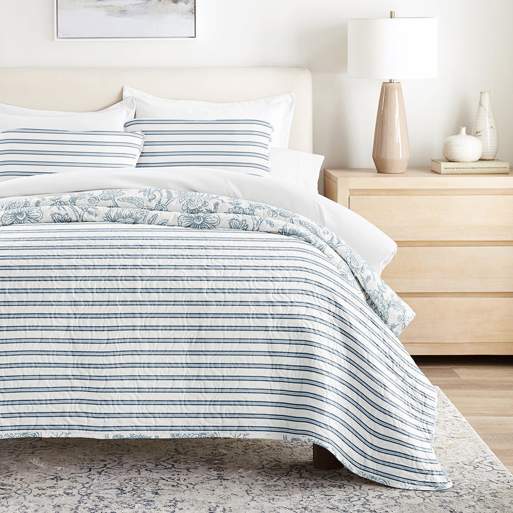 Jacobean/Stripe Reversible Quilted Coverlet Set - Sale - Linens And Hutch