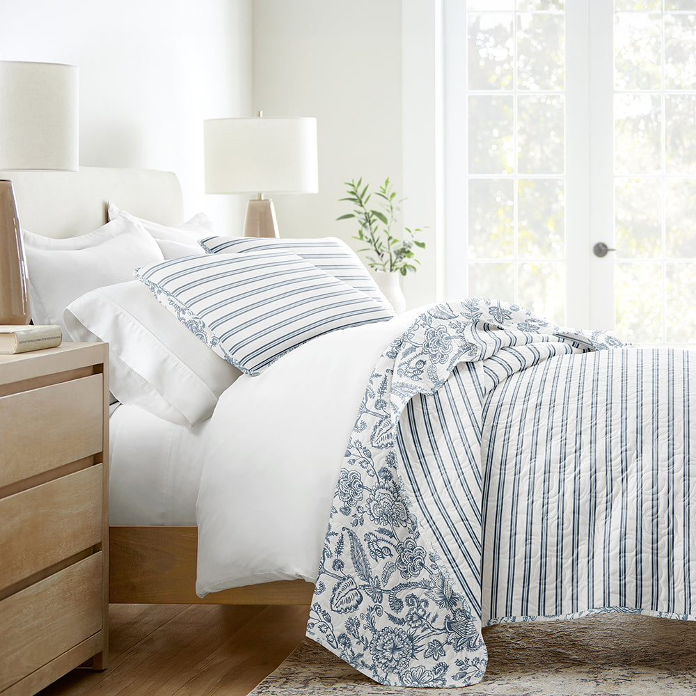 Jacobean/Stripe Reversible Quilted Coverlet Set - Sale - Linens And Hutch