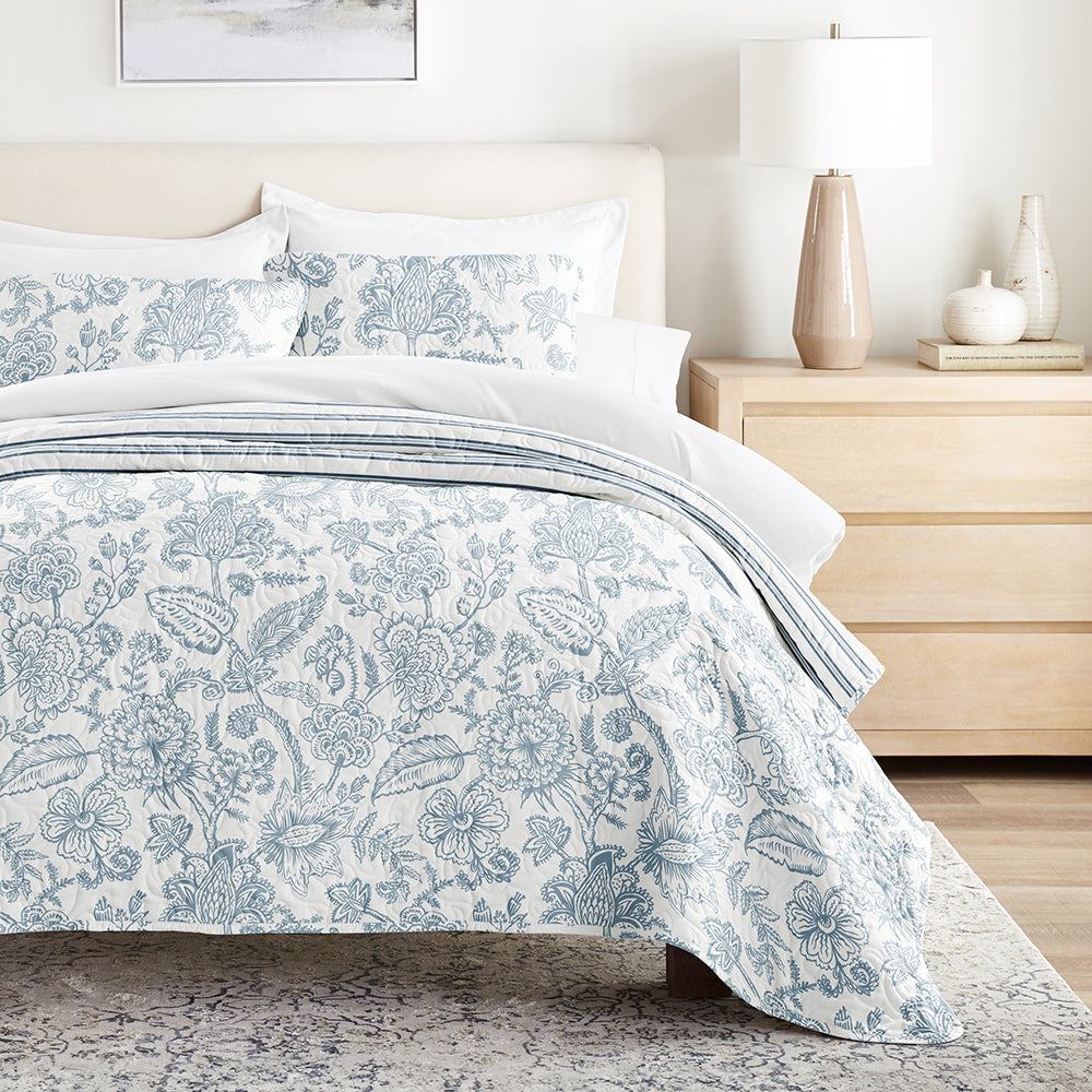 Jacobean/Stripe Reversible Quilted Coverlet Set - Sale - Linens And Hutch