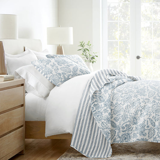 Jacobean/Stripe Reversible Quilted Coverlet Set - Sale - Linens And Hutch