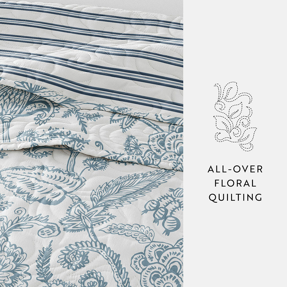 Jacobean/Stripe Reversible Quilted Coverlet Set - Sale - Linens And Hutch
