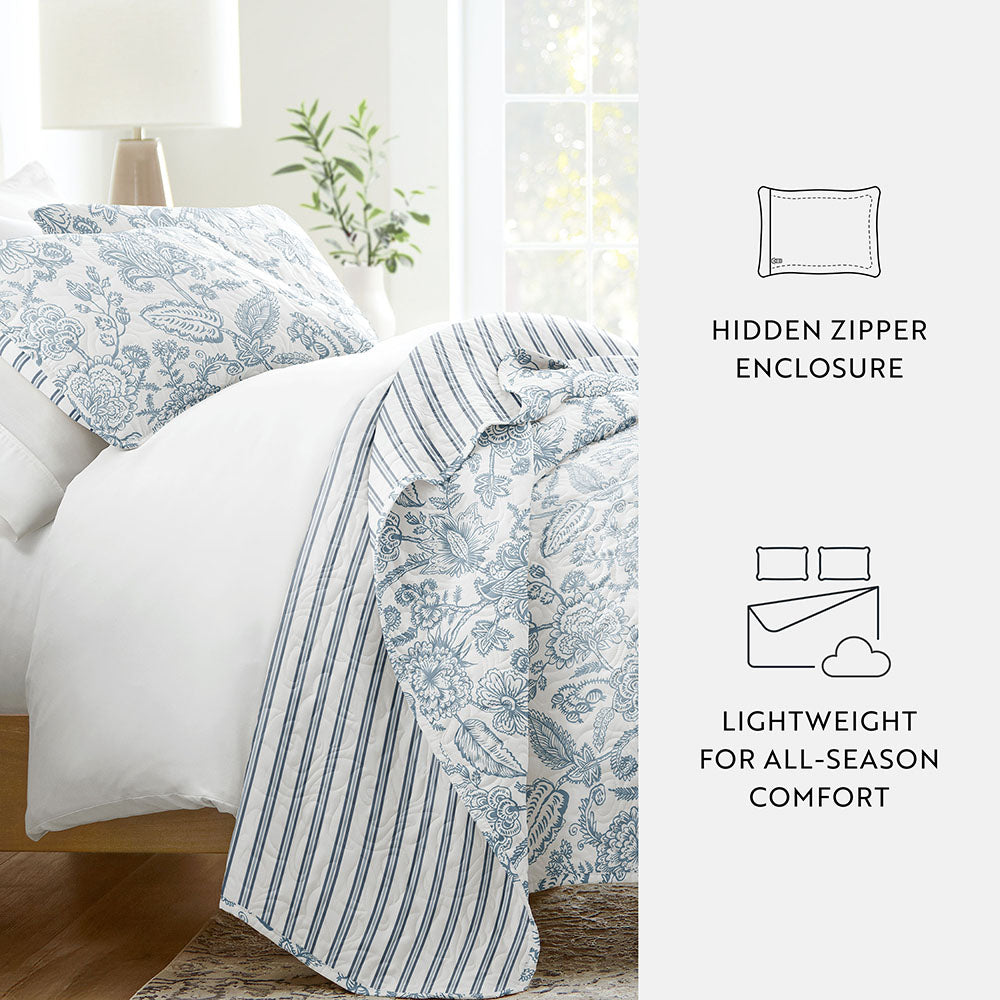 Jacobean/Stripe Reversible Quilted Coverlet Set - Sale - Linens And Hutch