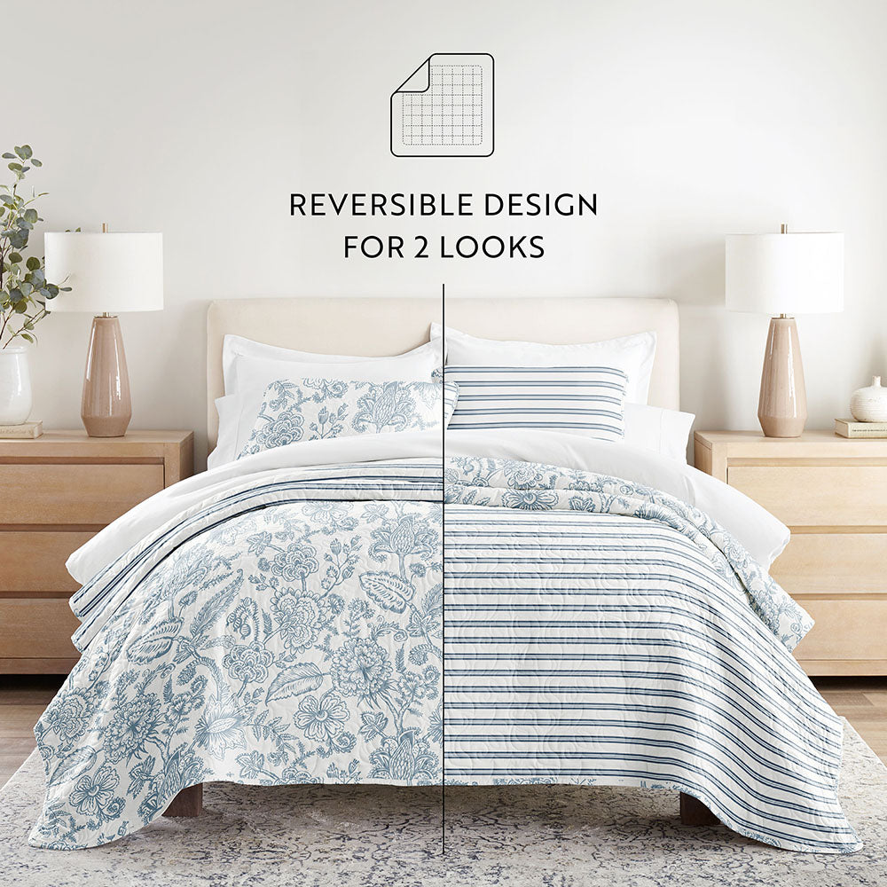 Jacobean/Stripe Reversible Quilted Coverlet Set - Sale - Linens And Hutch