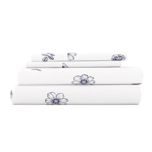 Indigo Flowers Pattern 4-Piece Sheet Set (Sale) - Linens And Hutch