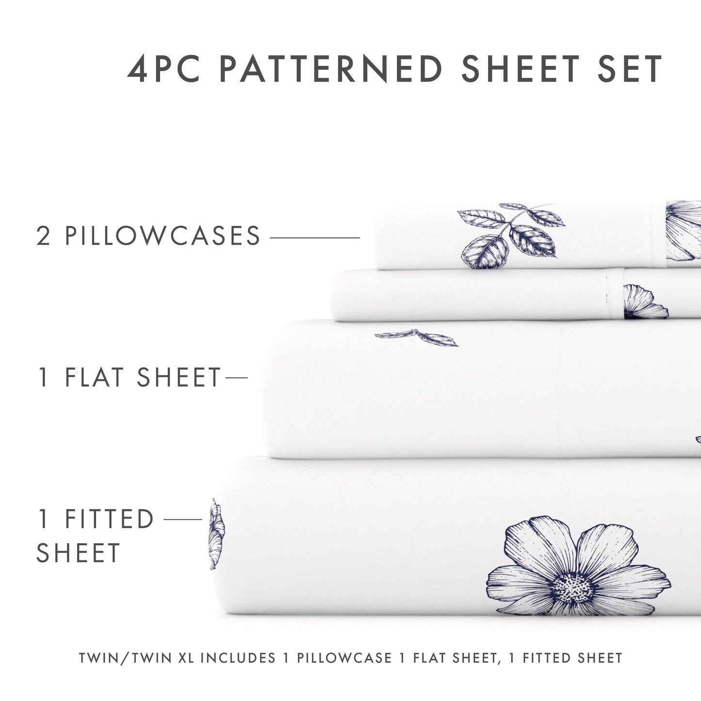 Indigo Flowers Pattern 4-Piece Sheet Set (Sale) - Linens And Hutch