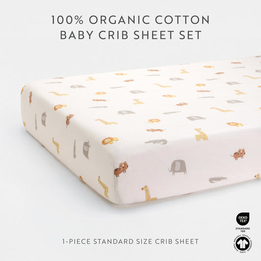 1 Organic Cotton Percale Safari Friends Fitted Crib Sheet