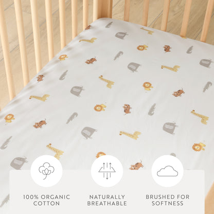 1 Organic Cotton Percale Safari Friends Fitted Crib Sheet