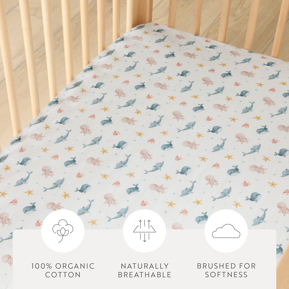 1 Organic Cotton Percale Sleepy Seashore Fitted Crib Sheet