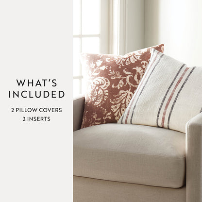2-Pack Yarn-Dyed Framed Stripe / Distressed Floral Decor Throw Pillows (Sale) - Linens And Hutch