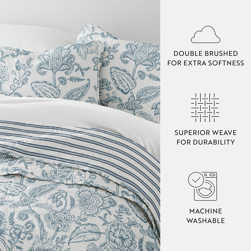 Jacobean/Stripe Reversible Quilted Coverlet Set - Sale - Linens And Hutch