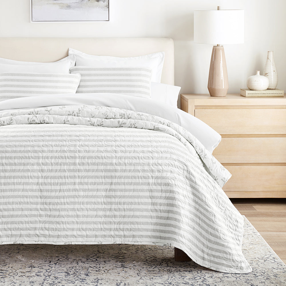 Sprouting Vines Stripe Reversible Quilted Coverlet Set (Sale) - Linens And Hutch