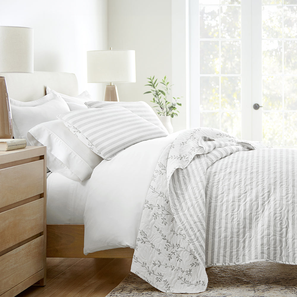 Sprouting Vines Stripe Reversible Quilted Coverlet Set (Sale) - Linens And Hutch