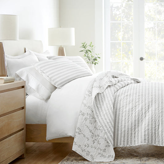 Sprouting Vines Stripe Reversible Quilted Coverlet Set (Sale) - Linens And Hutch
