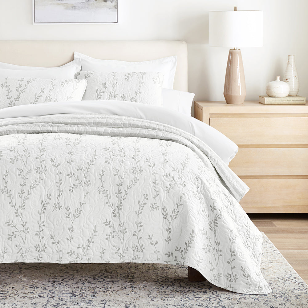 Sprouting Vines Stripe Reversible Quilted Coverlet Set (Sale) - Linens And Hutch