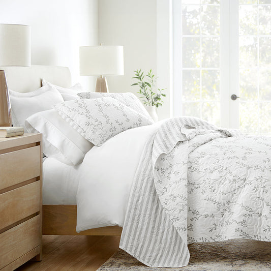 Sprouting Vines Stripe Reversible Quilted Coverlet Set (Sale) - Linens And Hutch