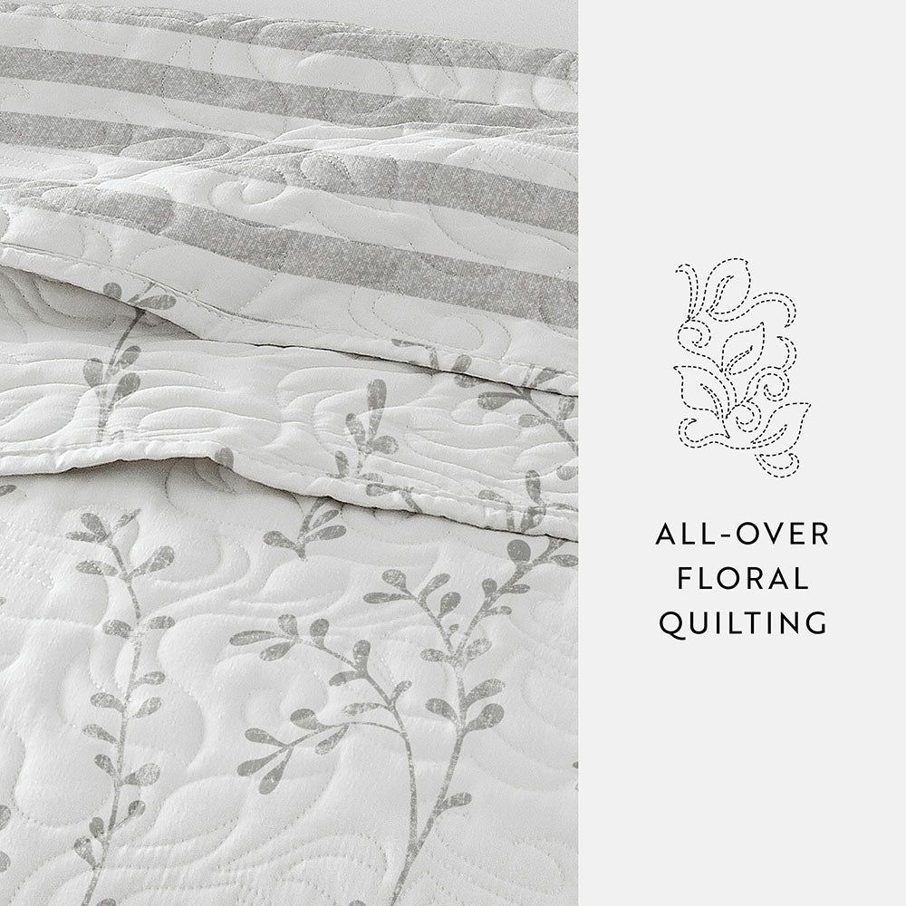 Sprouting Vines Stripe Reversible Quilted Coverlet Set (Sale) - Linens And Hutch
