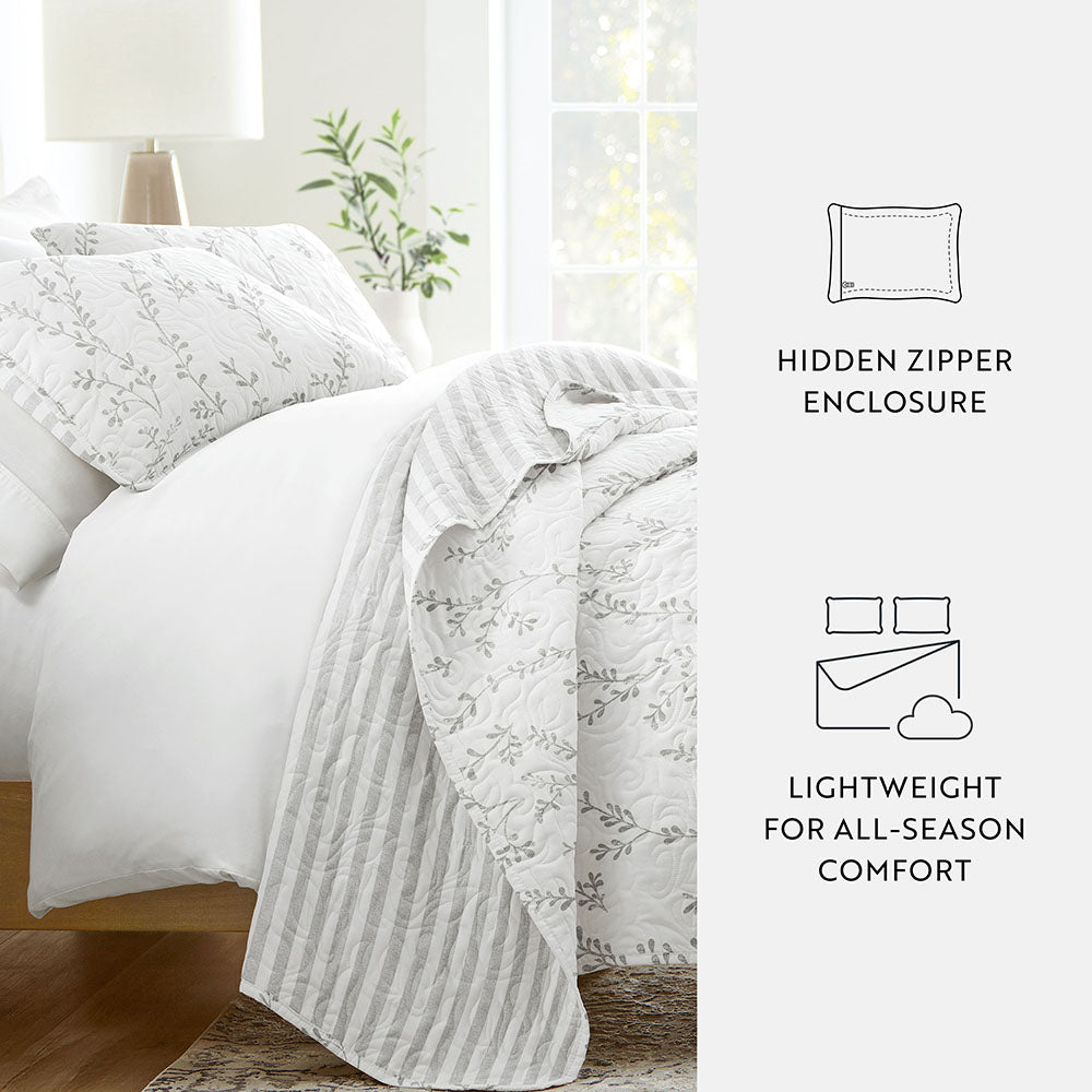 Sprouting Vines Stripe Reversible Quilted Coverlet Set (Sale) - Linens And Hutch