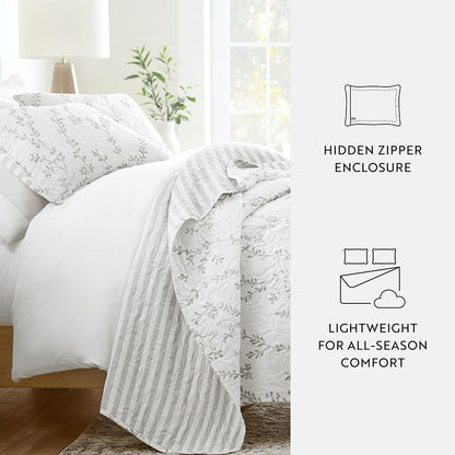Sprouting Vines Stripe Reversible Quilted Coverlet Set (Sale) - Linens And Hutch