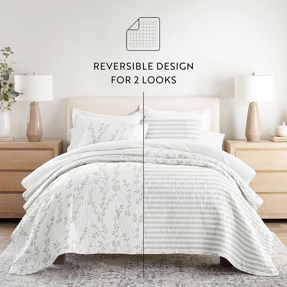 Sprouting Vines Stripe Reversible Quilted Coverlet Set (Sale) - Linens And Hutch
