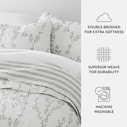 Sprouting Vines Stripe Reversible Quilted Coverlet Set (Sale) - Linens And Hutch