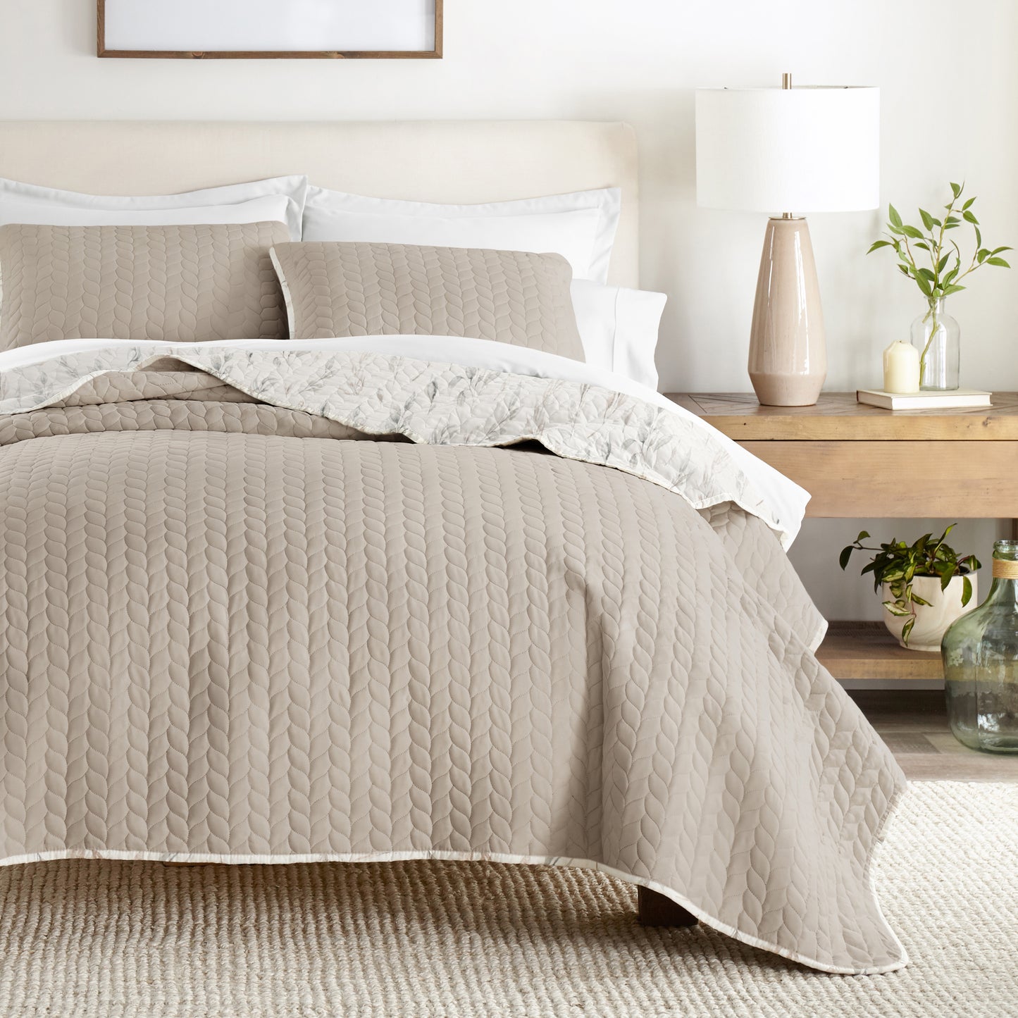 Watercolor Leaves Reversible Quilted Coverlet Set (Sale) - Linens And Hutch