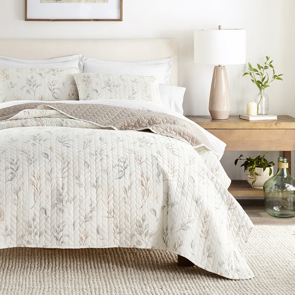 Watercolor Leaves Reversible Quilted Coverlet Set (Sale) - Linens And Hutch