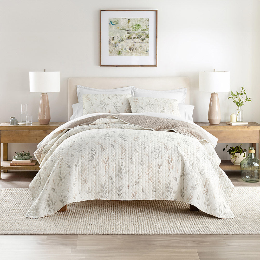 Watercolor Leaves Reversible Quilted Coverlet Set (Sale) - Linens And Hutch