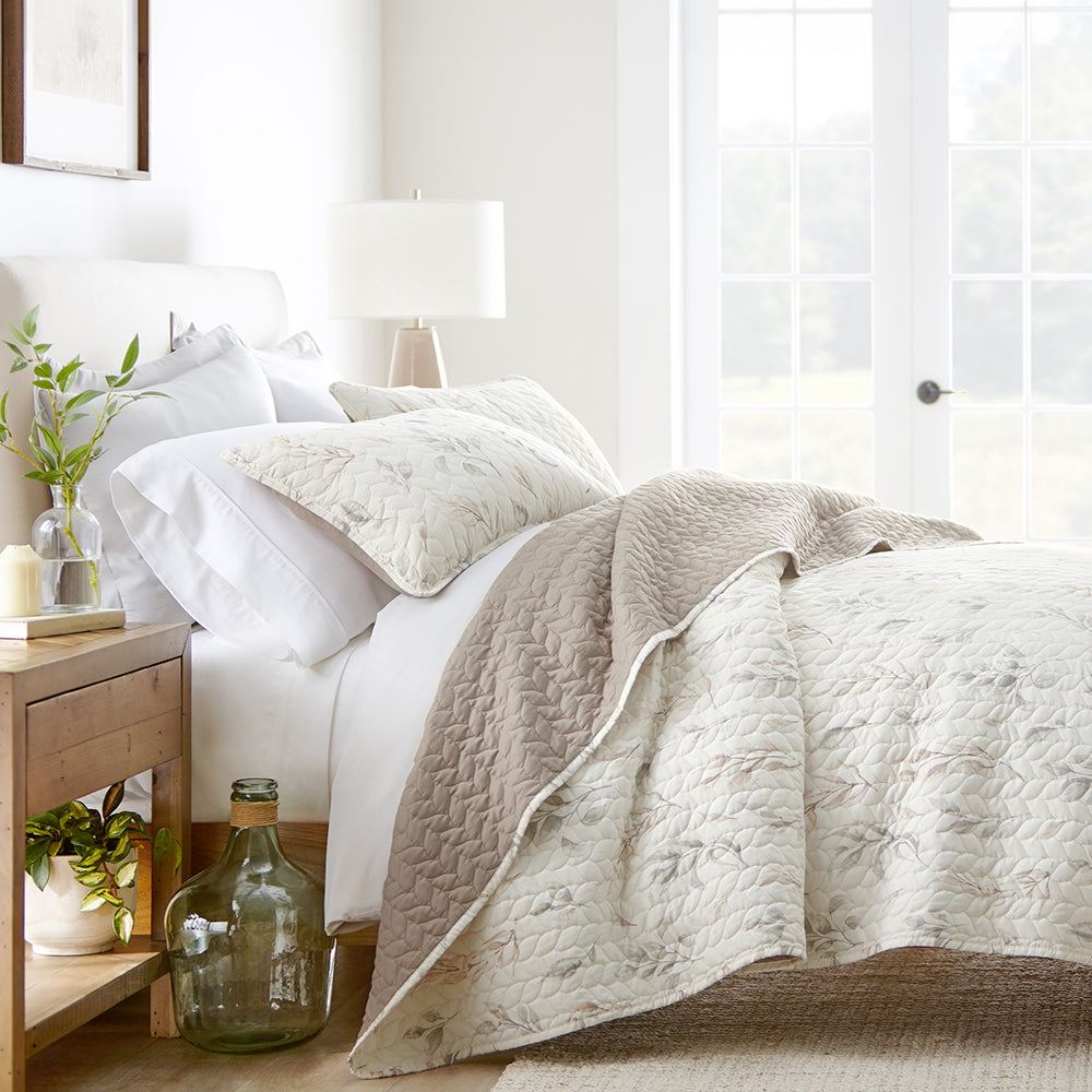 Watercolor Leaves Reversible Quilted Coverlet Set (Sale) - Linens And Hutch