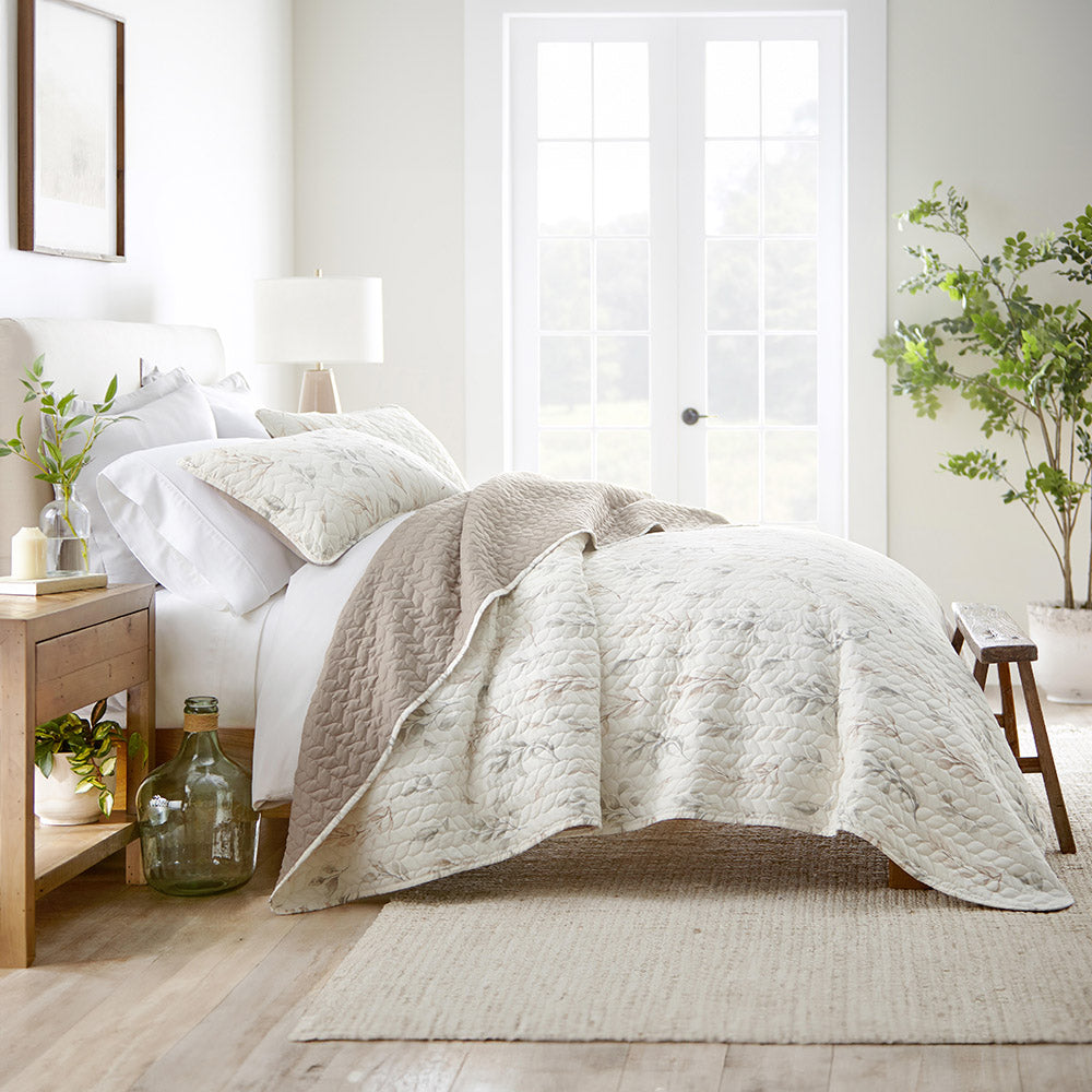 Watercolor Leaves Reversible Quilted Coverlet Set (Sale) - Linens And Hutch