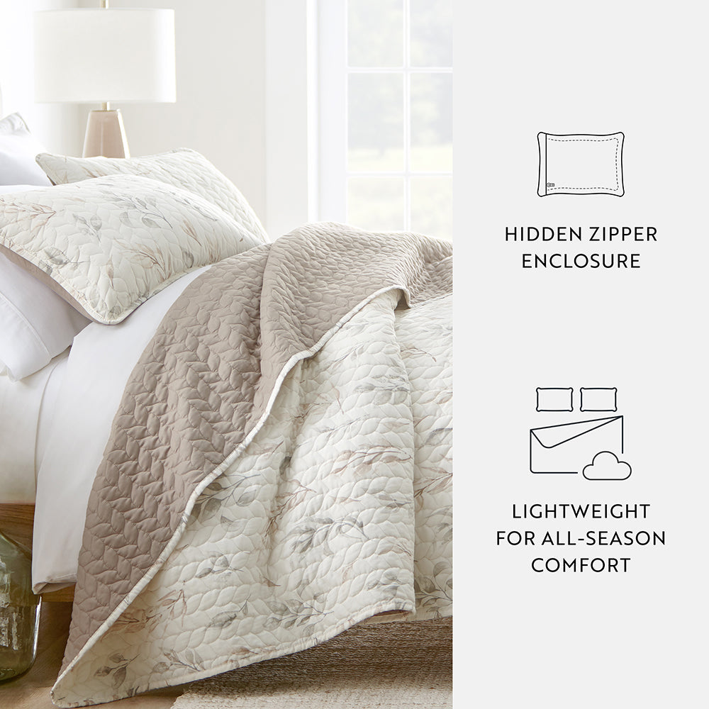Watercolor Leaves Reversible Quilted Coverlet Set (Sale) - Linens And Hutch