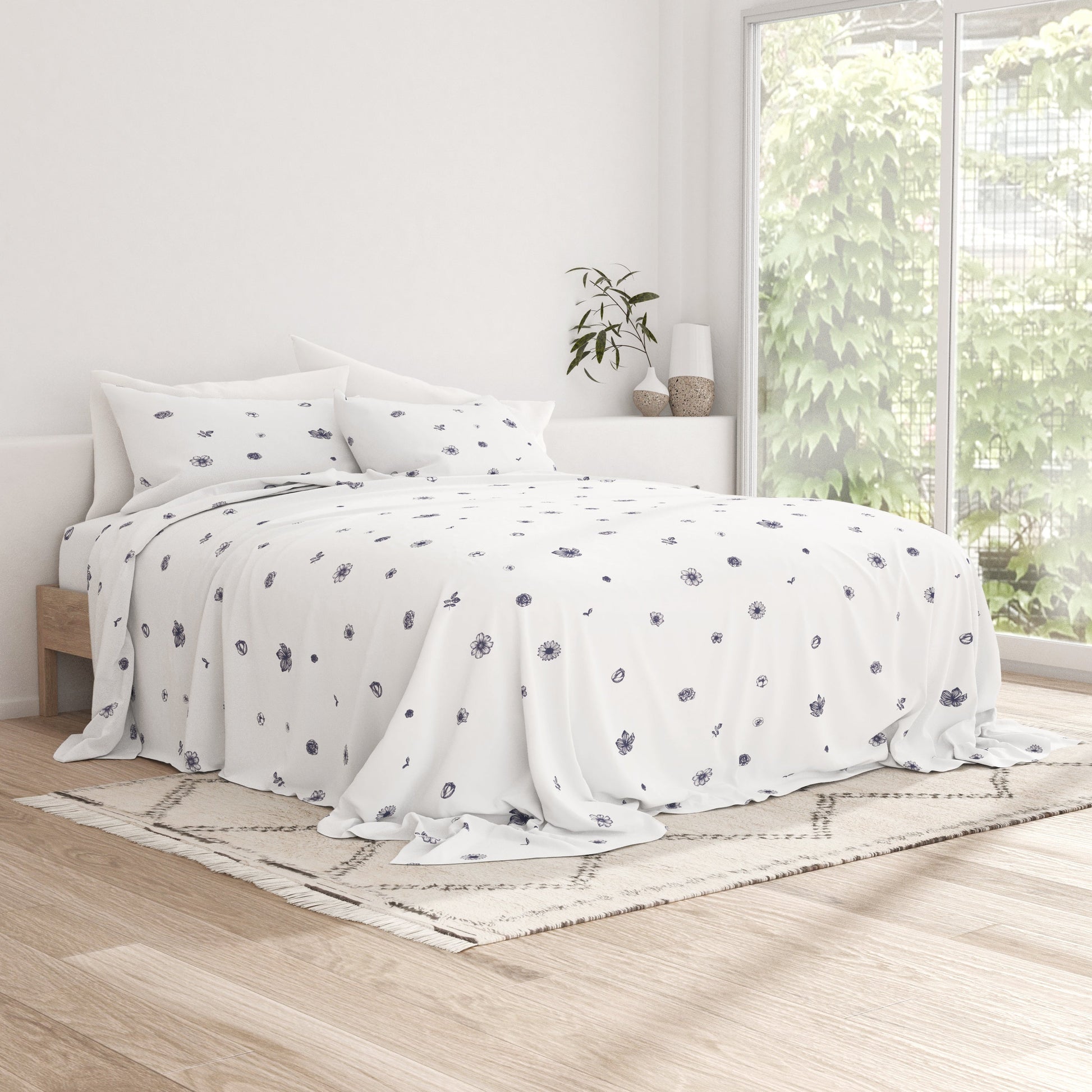 Indigo Flowers Pattern 4-Piece Sheet Set (Sale) - Linens And Hutch