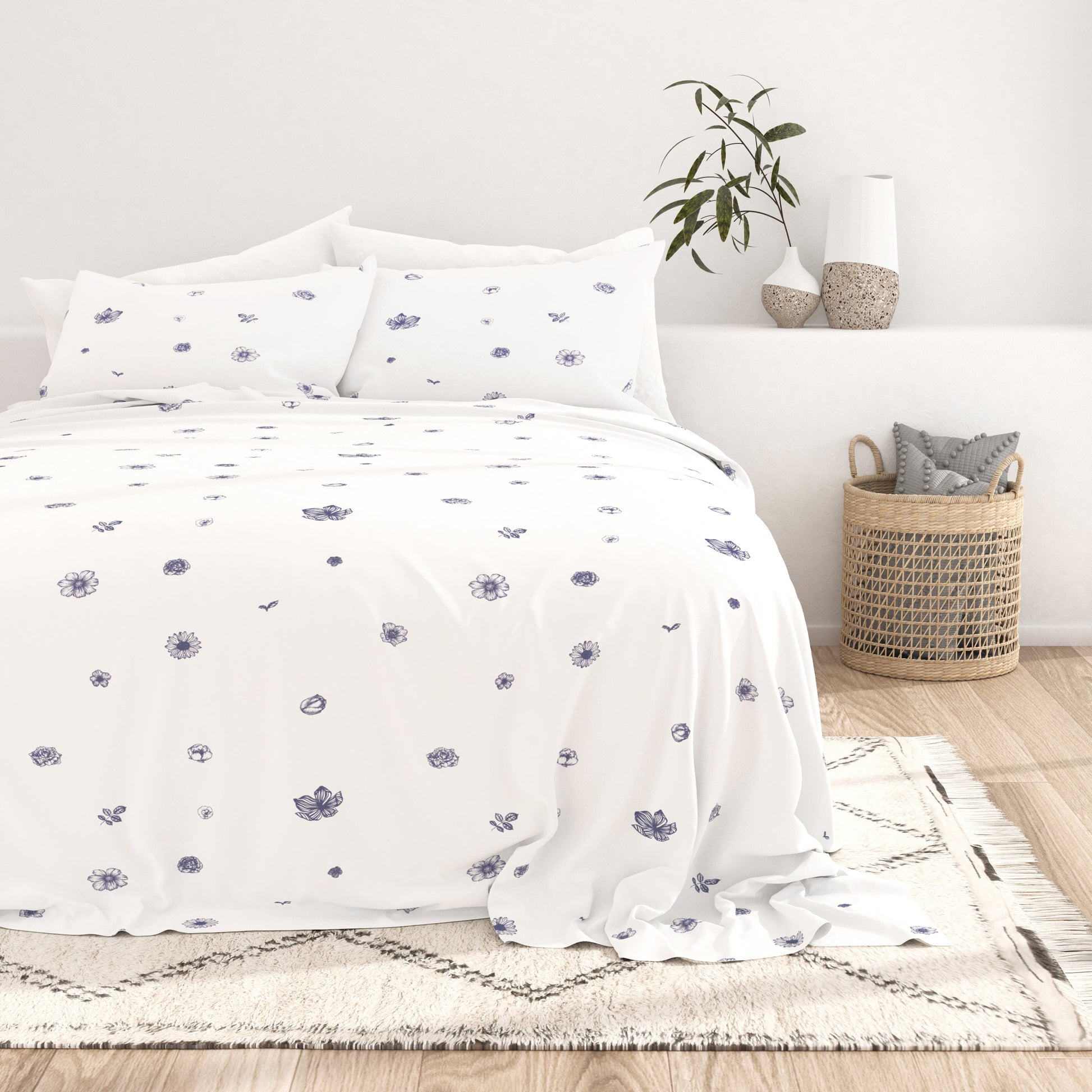 Indigo Flowers Pattern 4-Piece Sheet Set (Sale) - Linens And Hutch