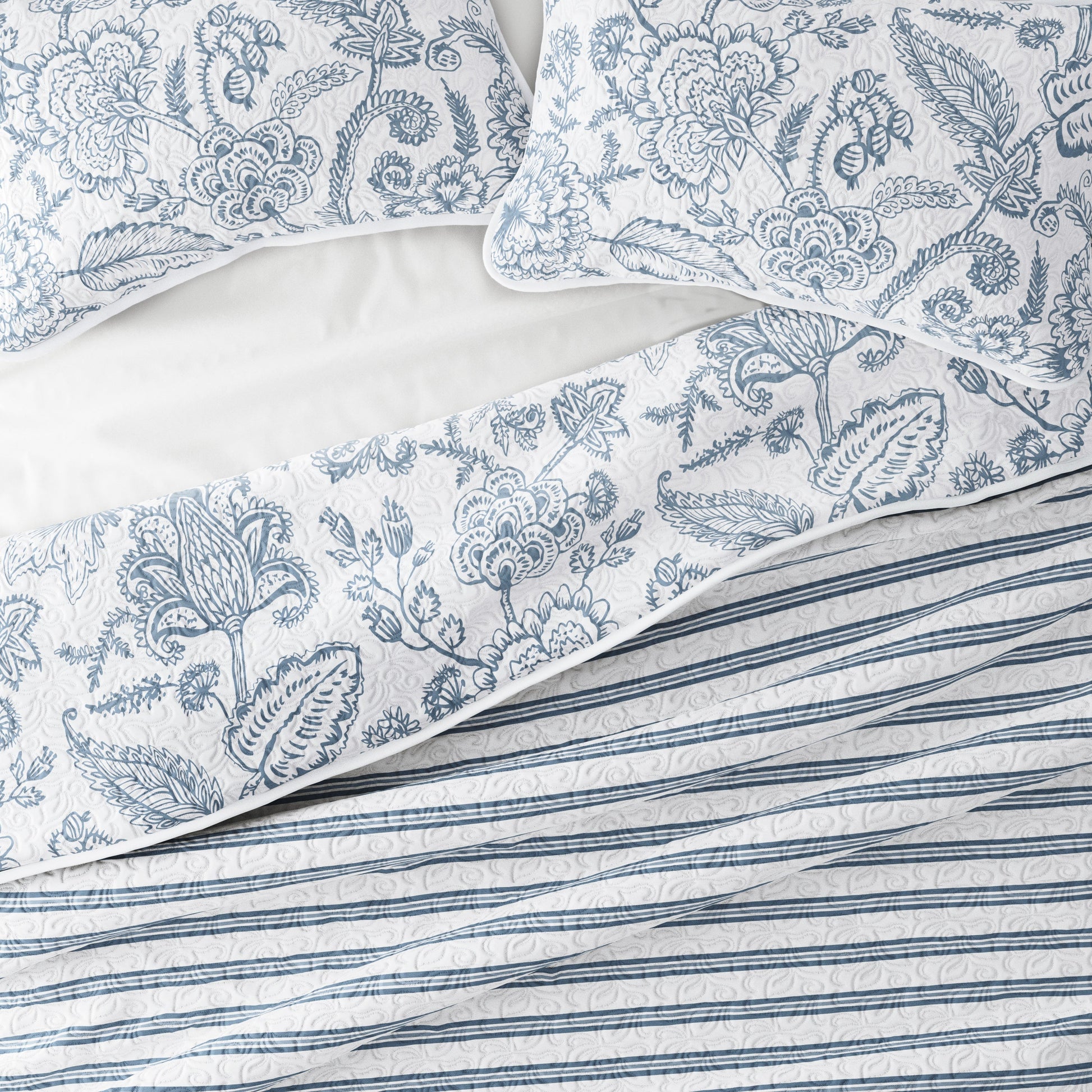 Sale - Jacobean/Stripe Reversible Quilted Coverlet Set - Linens And Hutch