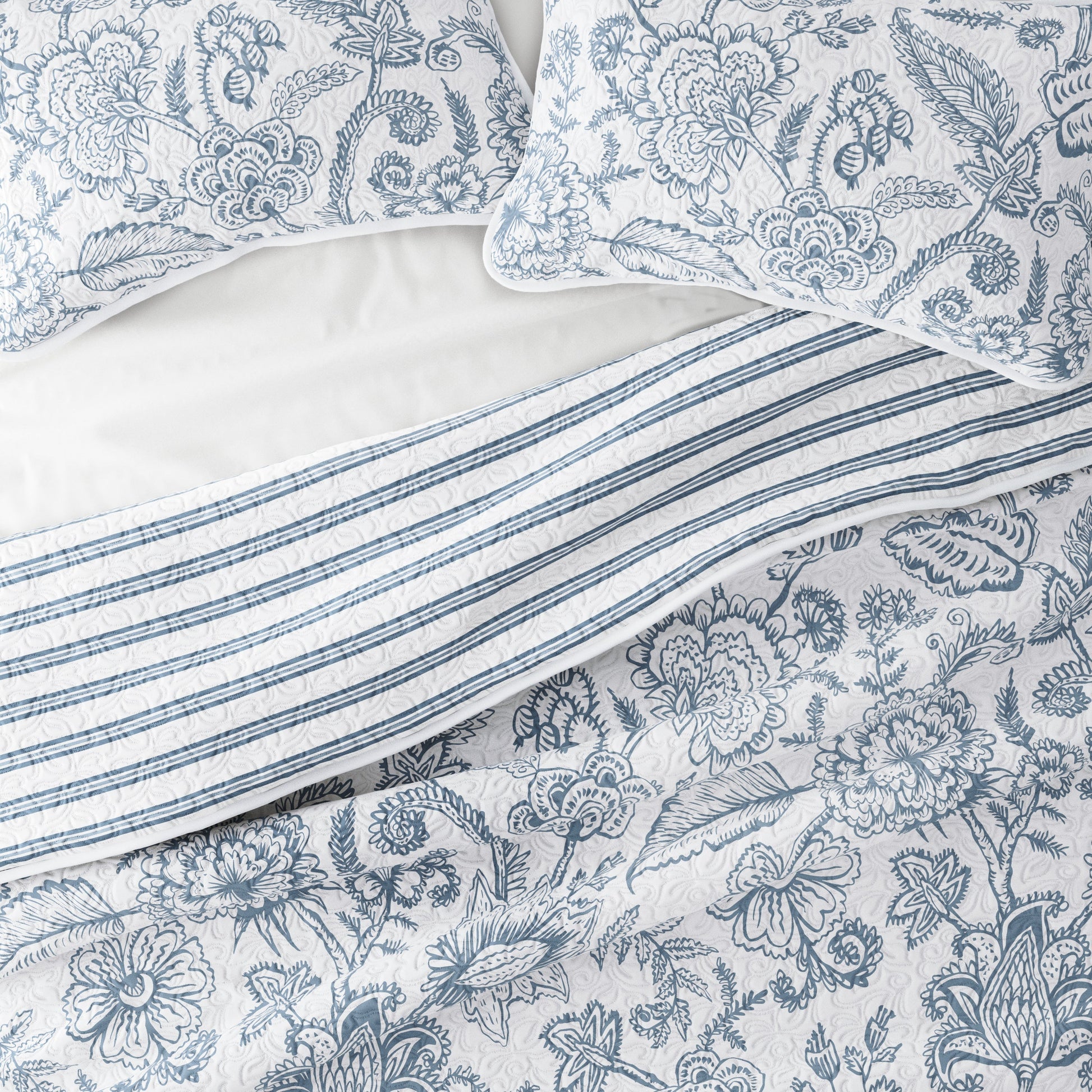Sale - Jacobean/Stripe Reversible Quilted Coverlet Set - Linens And Hutch