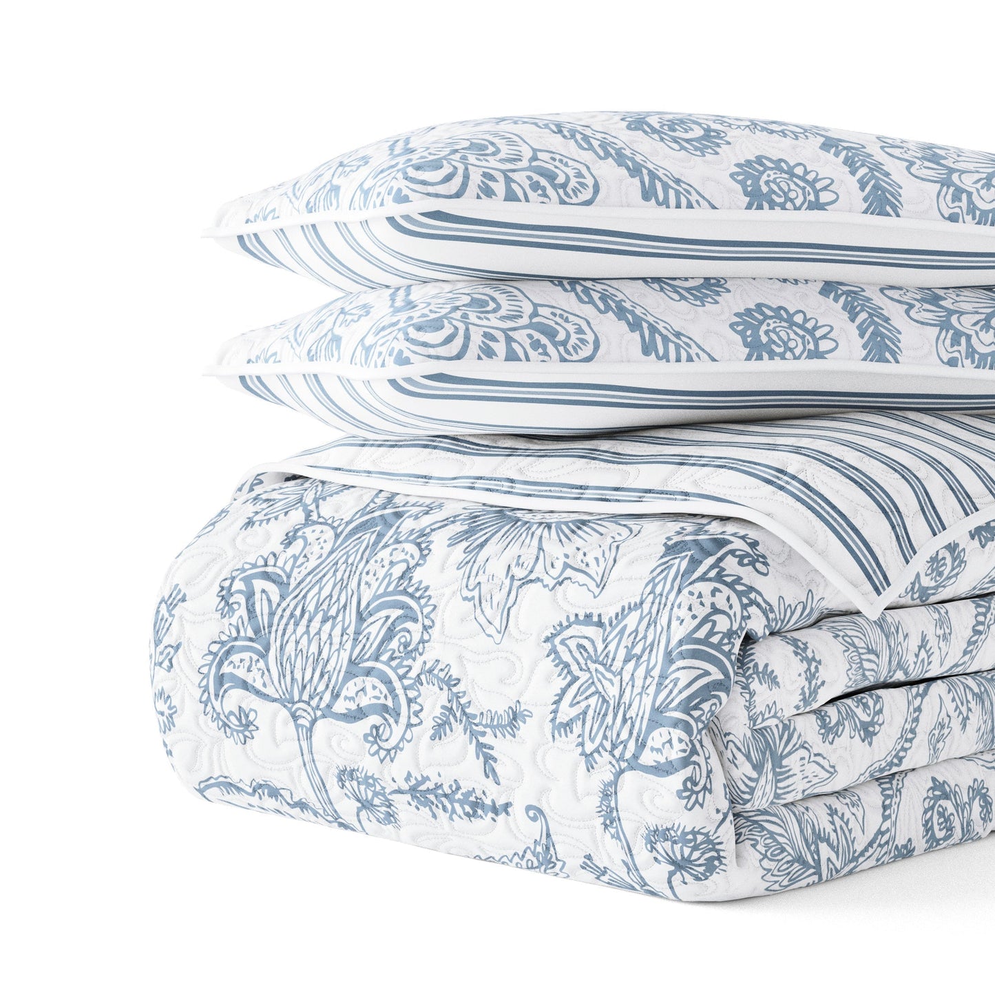 Sale - Jacobean/Stripe Reversible Quilted Coverlet Set - Linens And Hutch