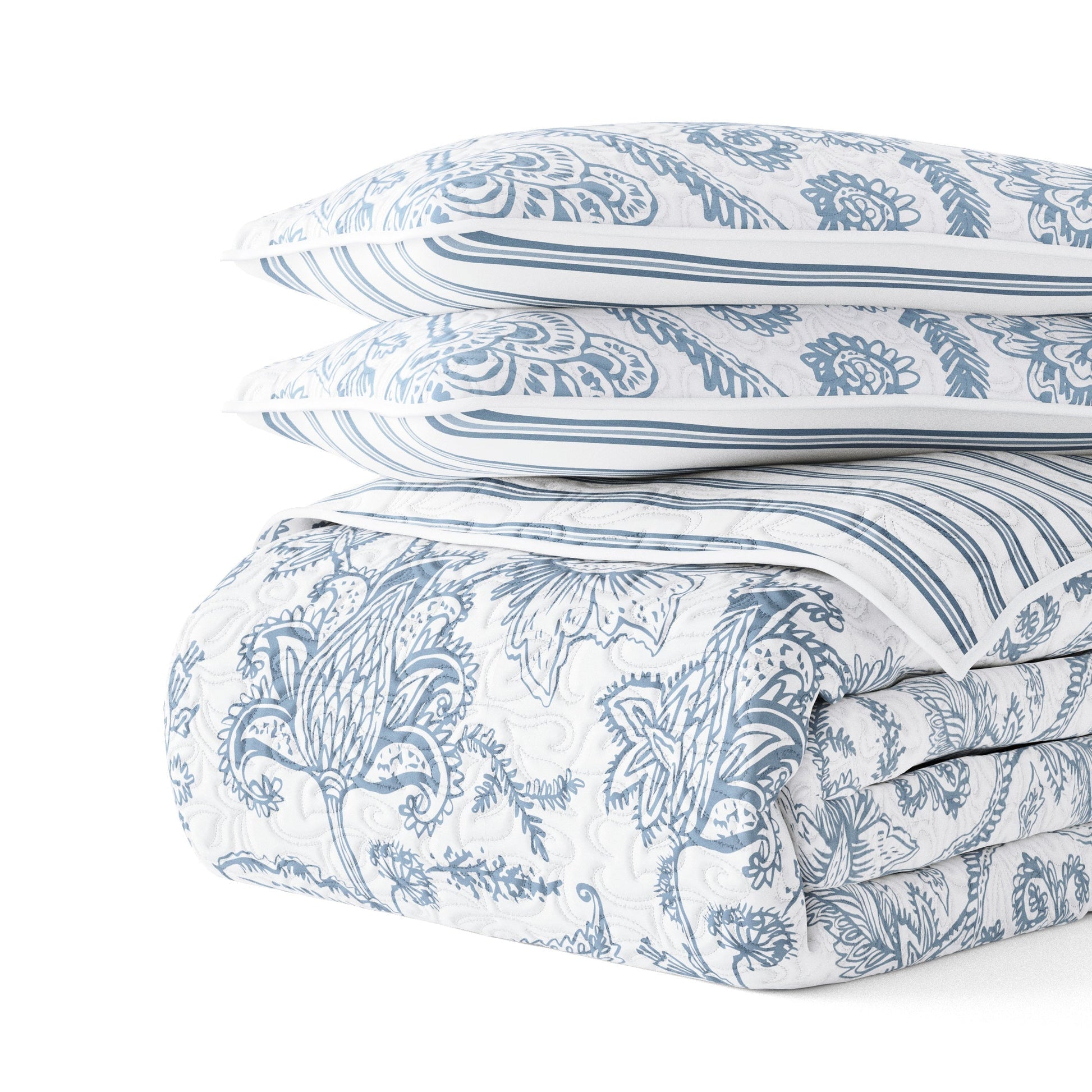 Sale - Jacobean/Stripe Reversible Quilted Coverlet Set - Linens And Hutch