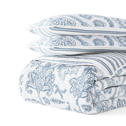 Sale - Jacobean/Stripe Reversible Quilted Coverlet Set - Linens And Hutch