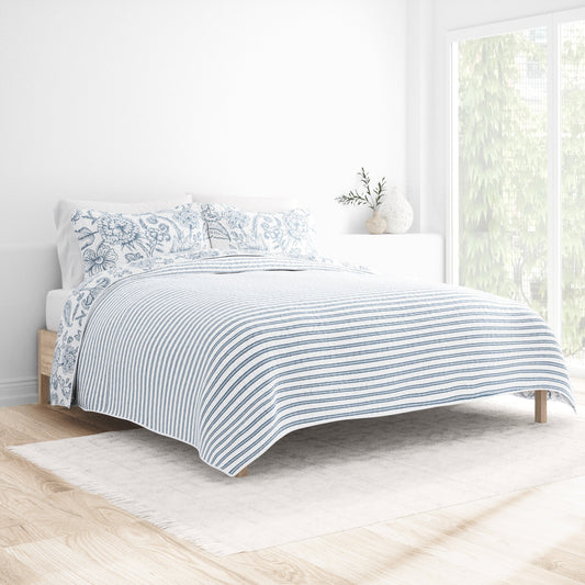 Sale - Jacobean/Stripe Reversible Quilted Coverlet Set - Linens And Hutch
