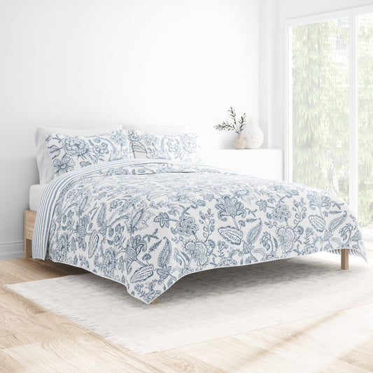 Sale - Jacobean/Stripe Reversible Quilted Coverlet Set - Linens And Hutch