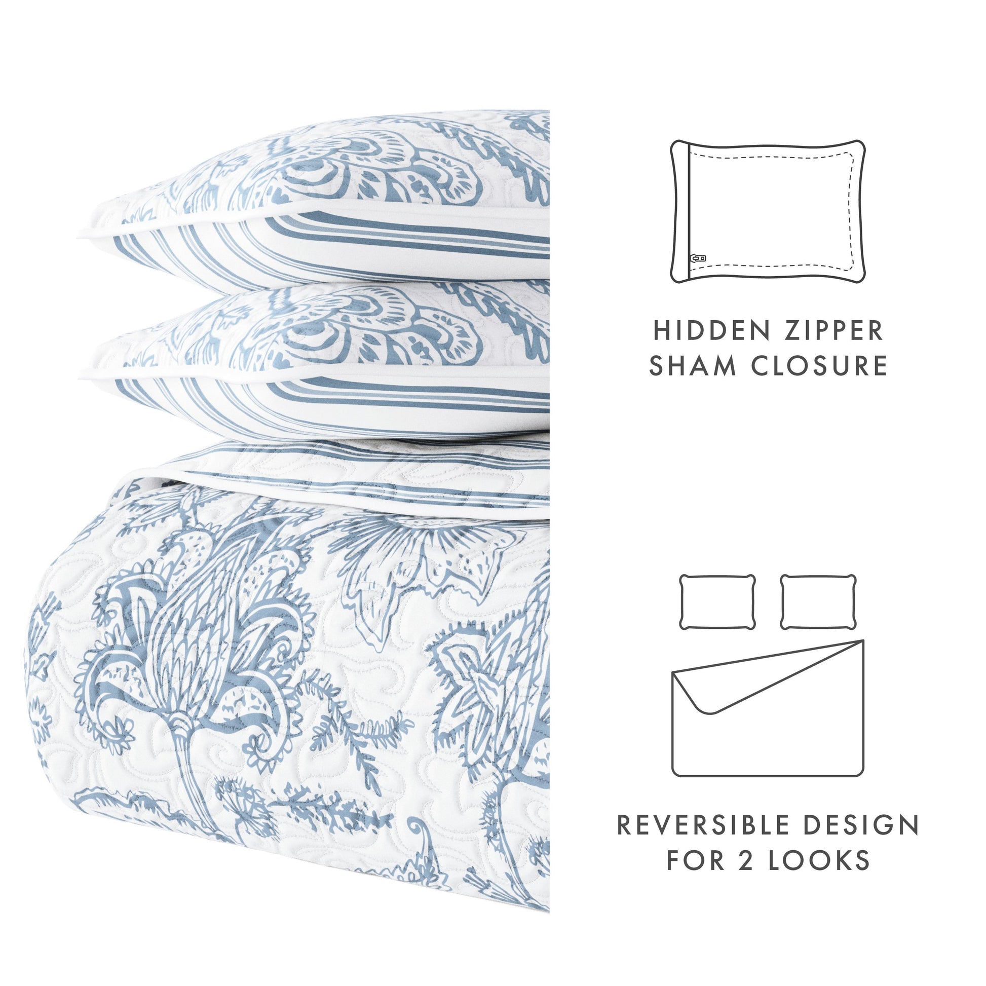 Sale - Jacobean/Stripe Reversible Quilted Coverlet Set - Linens And Hutch