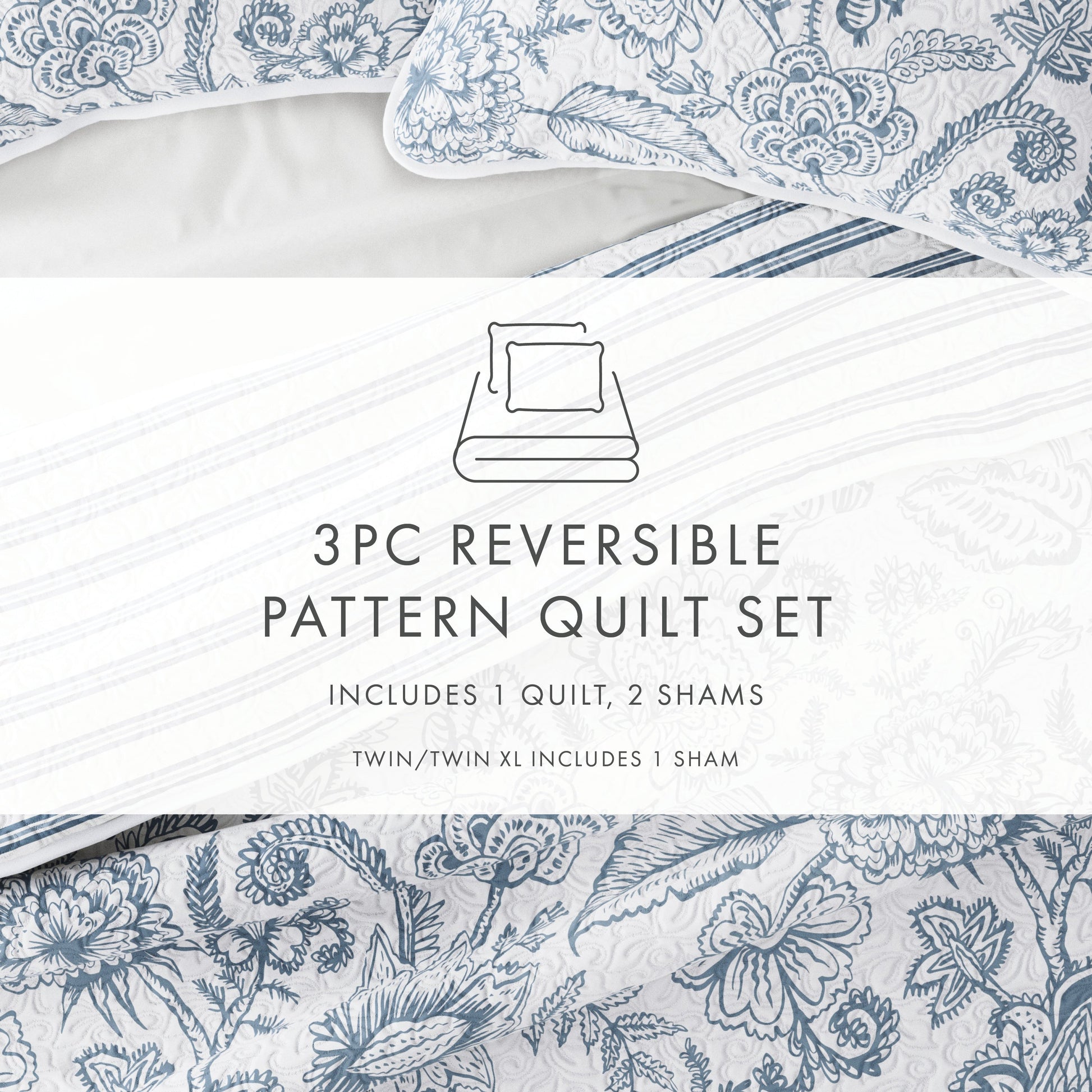 Sale - Jacobean/Stripe Reversible Quilted Coverlet Set - Linens And Hutch