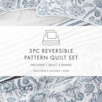 Sale - Jacobean/Stripe Reversible Quilted Coverlet Set - Linens And Hutch