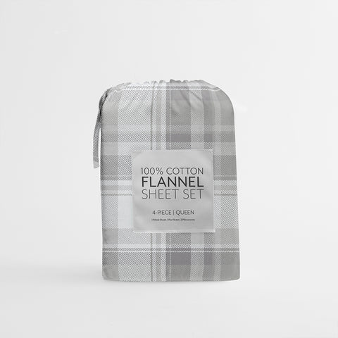 Light Gray, Plaid 4-Piece Flannel Sheet Set, C4 Image