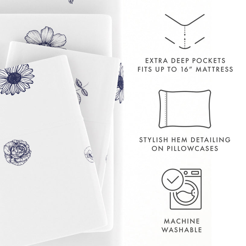 Indigo Flowers Pattern 4-Piece Sheet Set - Sale