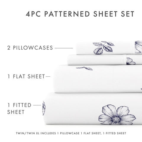 Indigo Flowers Pattern 4-Piece Sheet Set