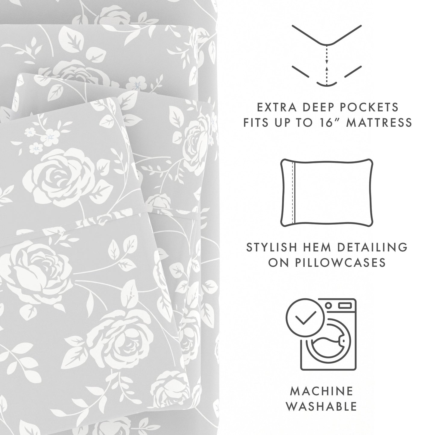 Rose Gray Pattern 4-Piece Sheet Set - Sale - Linens And Hutch