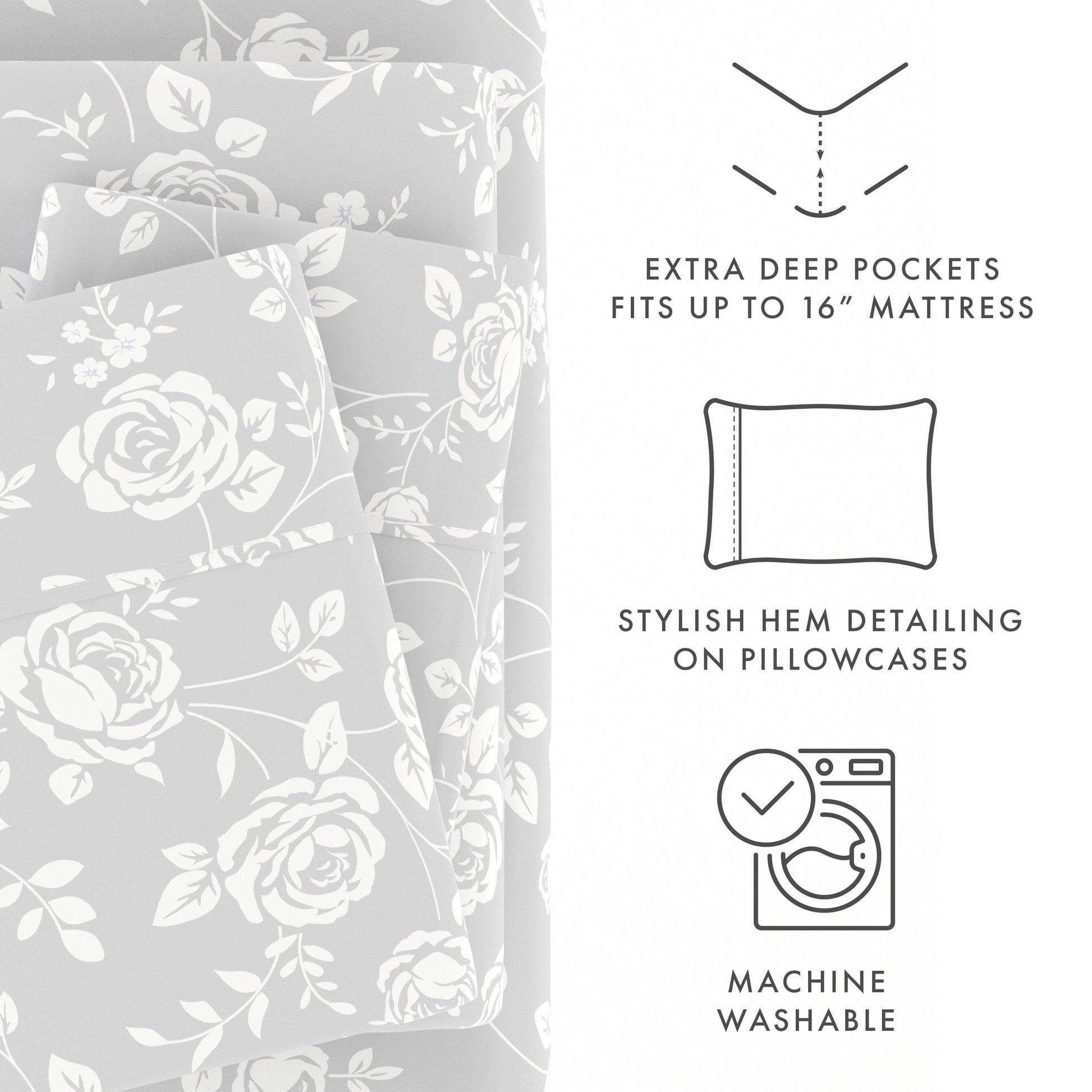 Rose Gray Pattern 4-Piece Sheet Set - Sale - Linens And Hutch