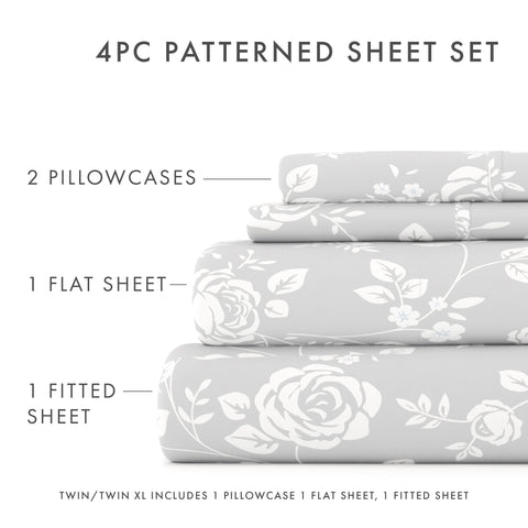 Rose Gray Pattern 4-Piece Sheet Set - Sale